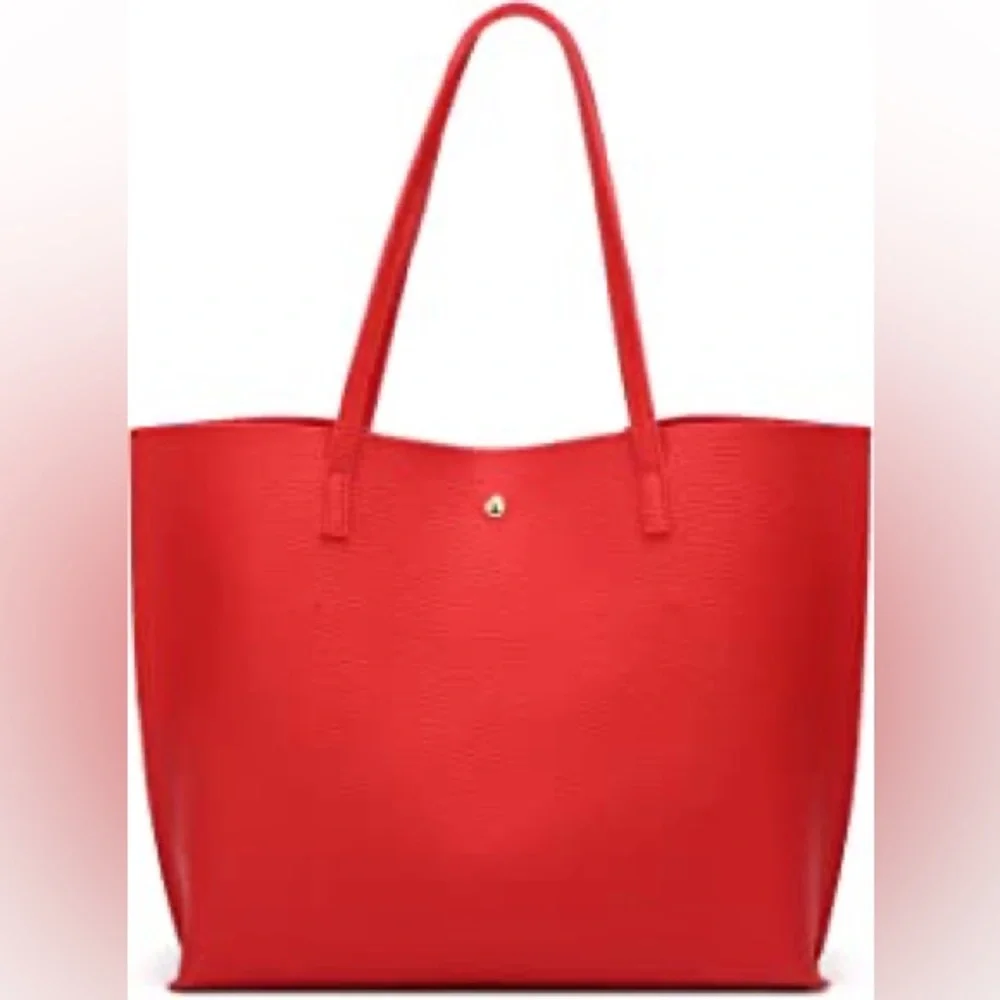 RED SOFT FAUX LEATHER TOTE SHOULDER BAG - Picture 4 of 5